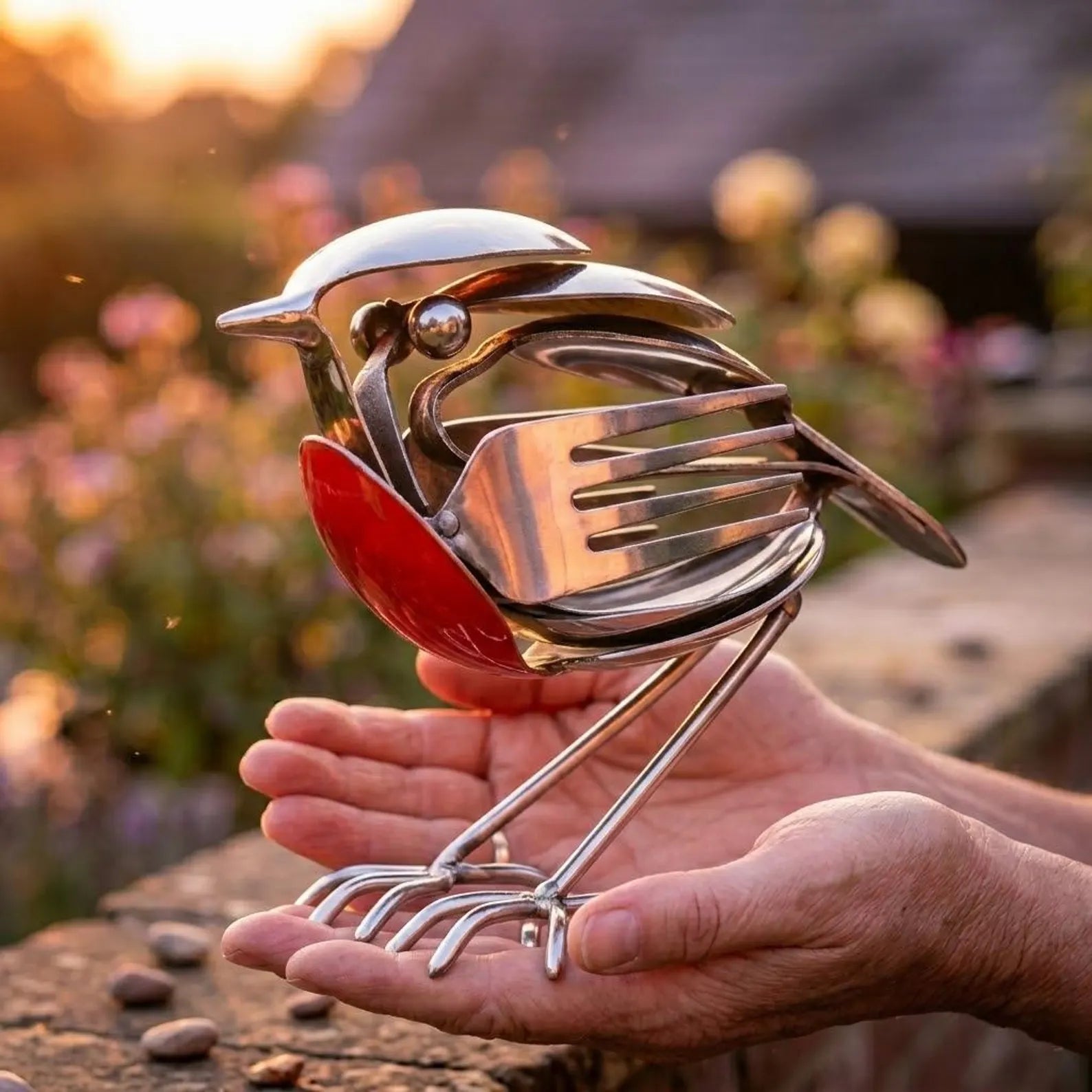Handmade Metal Robin Garden Sculpture, Silver Outdoor Art Decoration Gift, Unique Ornament Gift for Bird lovers