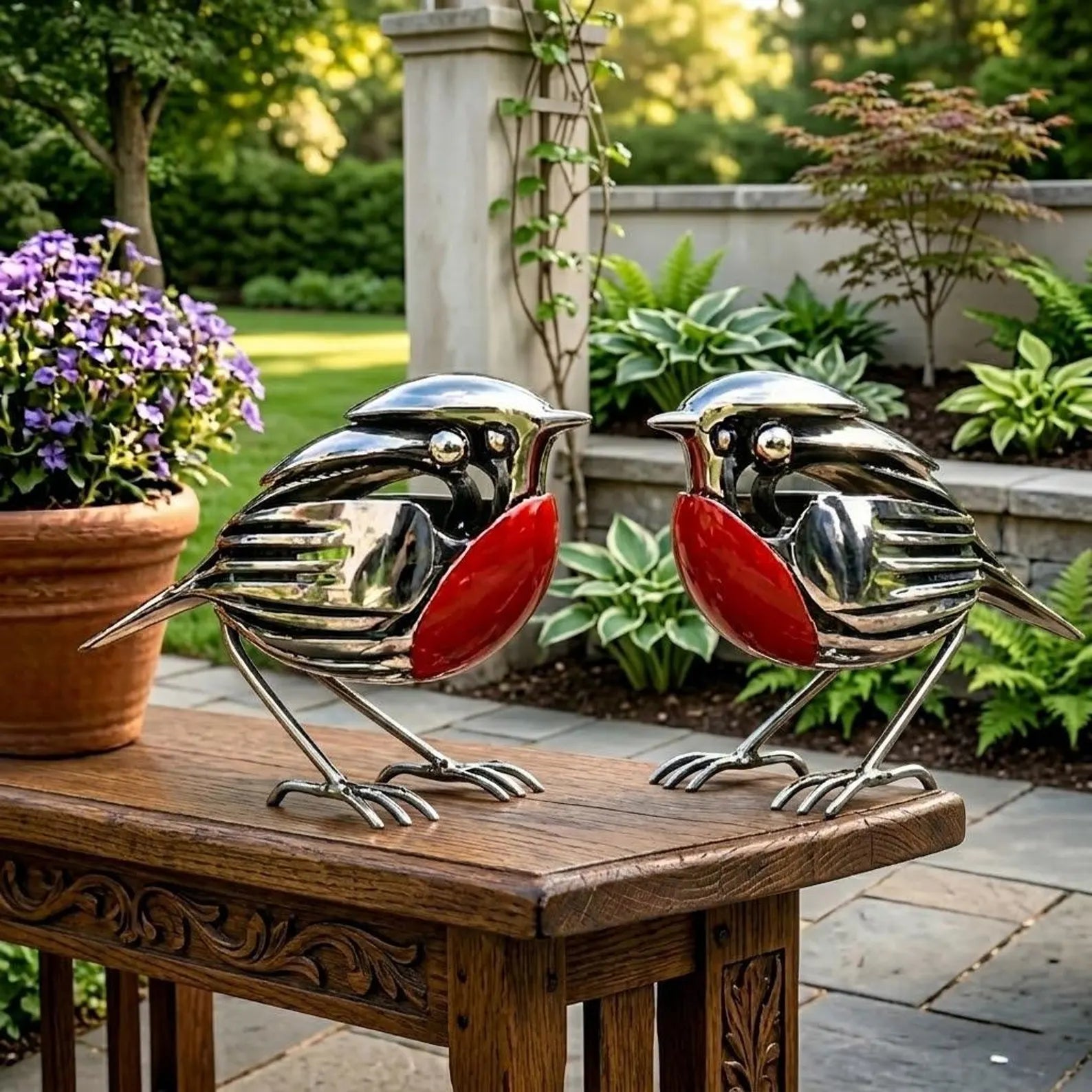 Handmade Metal Robin Garden Sculpture, Silver Outdoor Art Decoration Gift, Unique Ornament Gift for Bird lovers