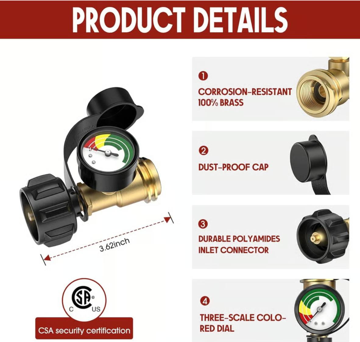 Universal Propane Tank Gauge for 5-40 Pound LP Tanks | Gas Level Indicator for Grill, Heater, RV Camper, QCC1 Connection