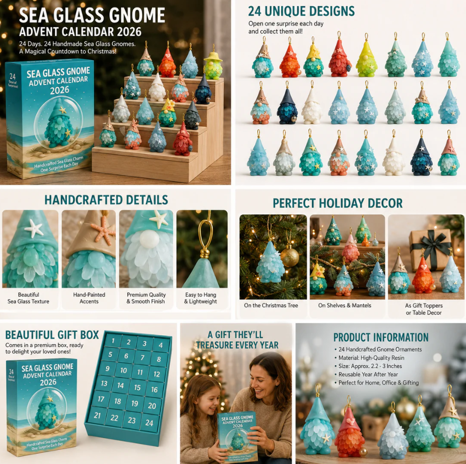 🌊🧝‍♂️ Sea Glass Gnome Advent Calendar 2026 | 24 Coastal Gnome Charms for Christmas Countdown, Tree Decor & Holiday Gifts 🎄✨