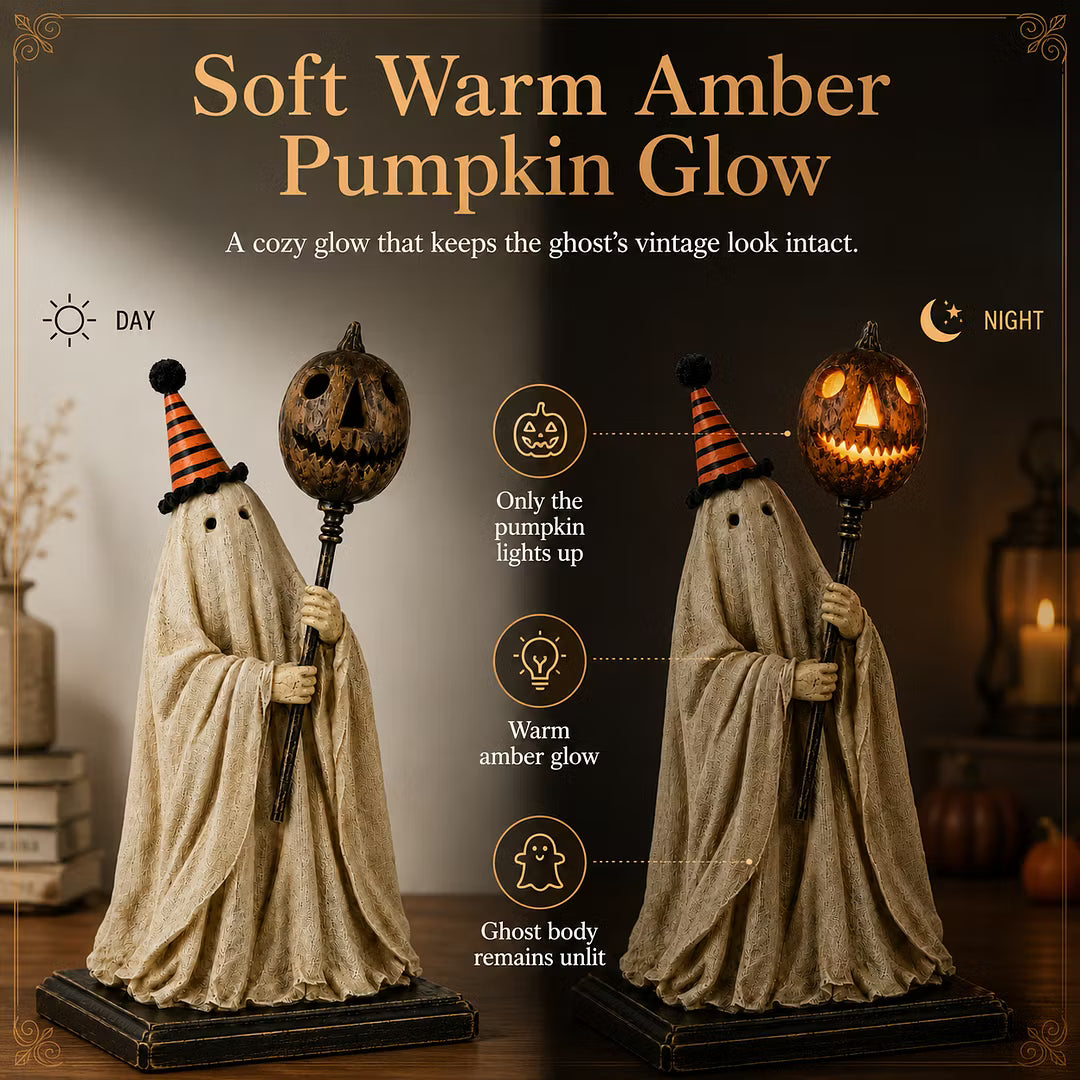 Summerween Sale 50% OFF - Lighted Vintage Ghost Figurine with Glowing Pumpkin Staff