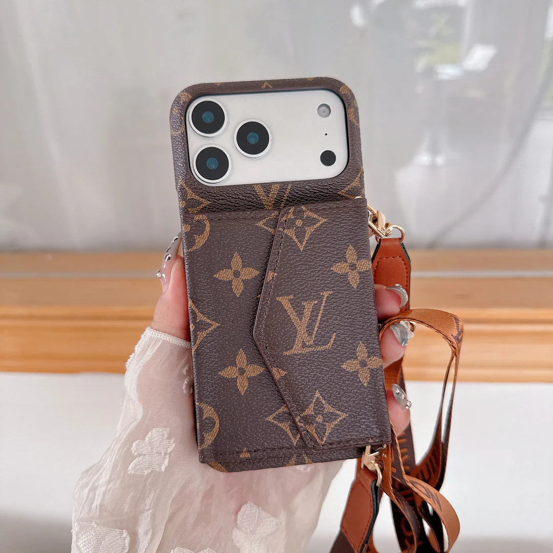 Advanced leather iPhone Case With Wallet And Strap Brown