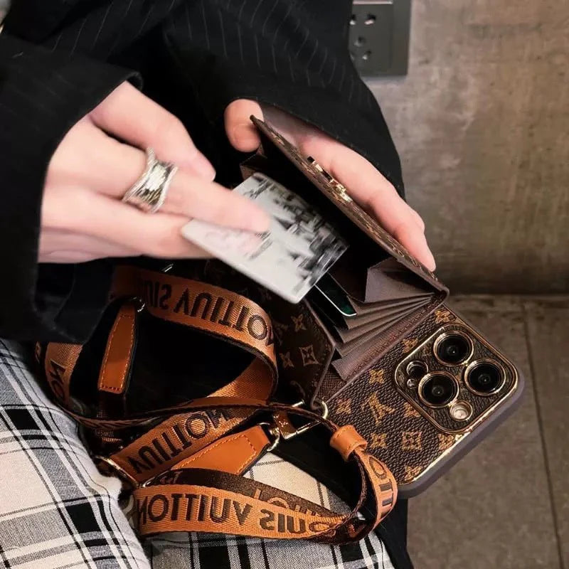 Advanced leather iPhone Case With Wallet And Strap Brown