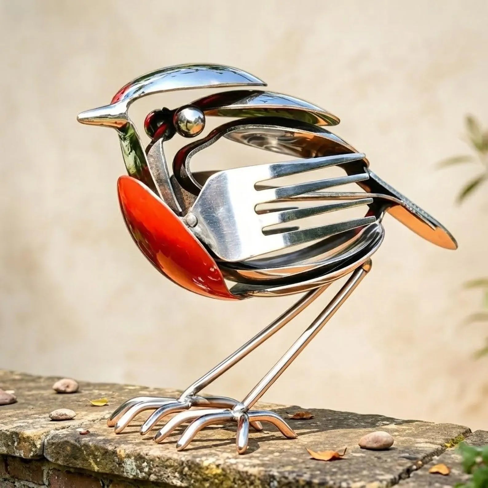 Handmade Metal Robin Garden Sculpture, Silver Outdoor Art Decoration Gift, Unique Ornament Gift for Bird lovers